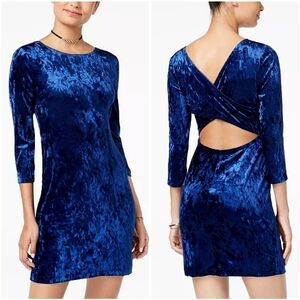 EUC Teeze Me Blue Velvet Long Sleeve Open Back Cocktail Bodycon Mini Dress L
